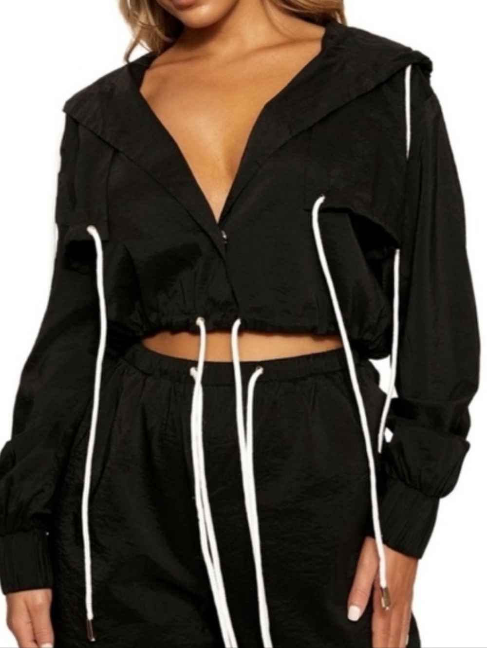 Naked Wardrobe Black Cropped Windbreaker Jacket Hooded Drawstring Lightweight M